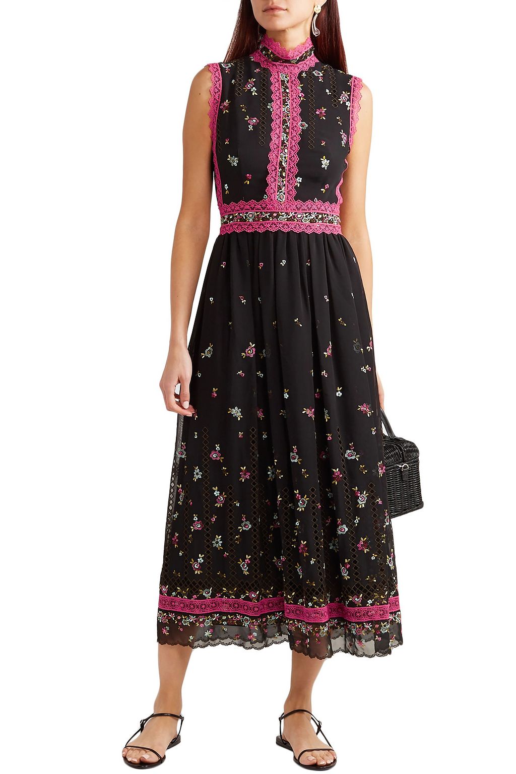 COSTARELLOS Lillias lace-trimmed embroidered silk-blend chiffon midi dress