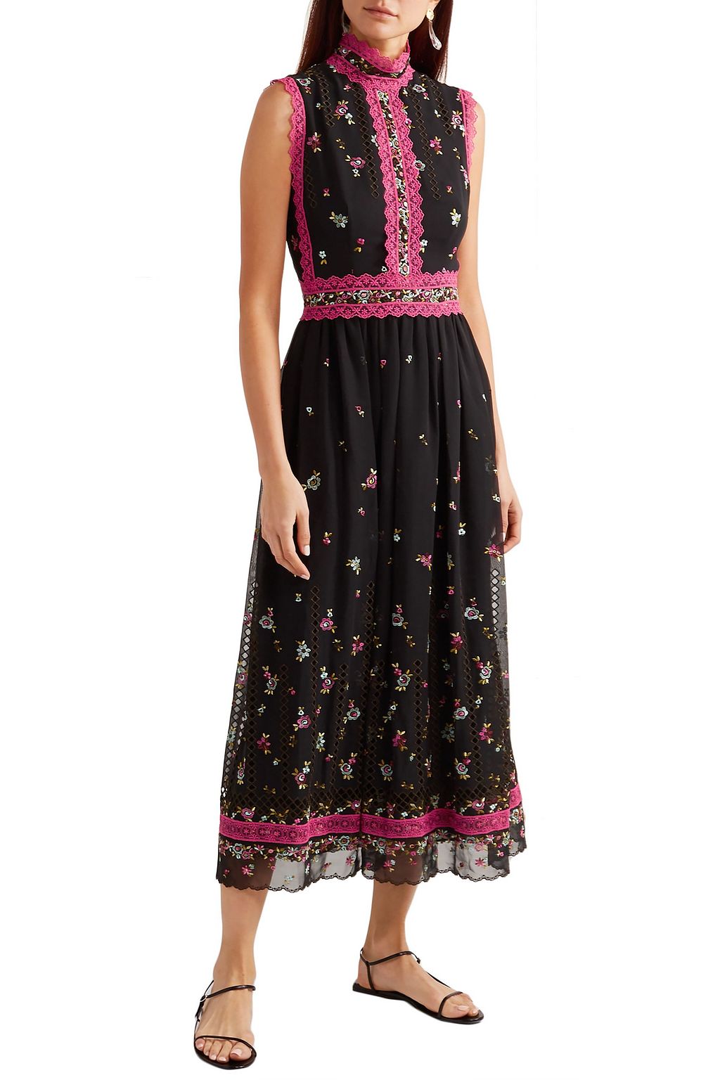 COSTARELLOS Lillias lace-trimmed embroidered silk-blend chiffon midi dress