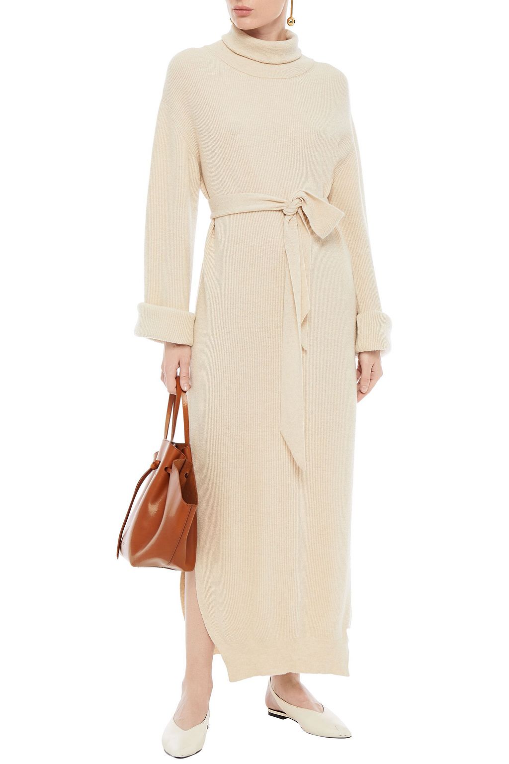 NANUSHKA Belted ribbed-knit turtleneck maxi dress