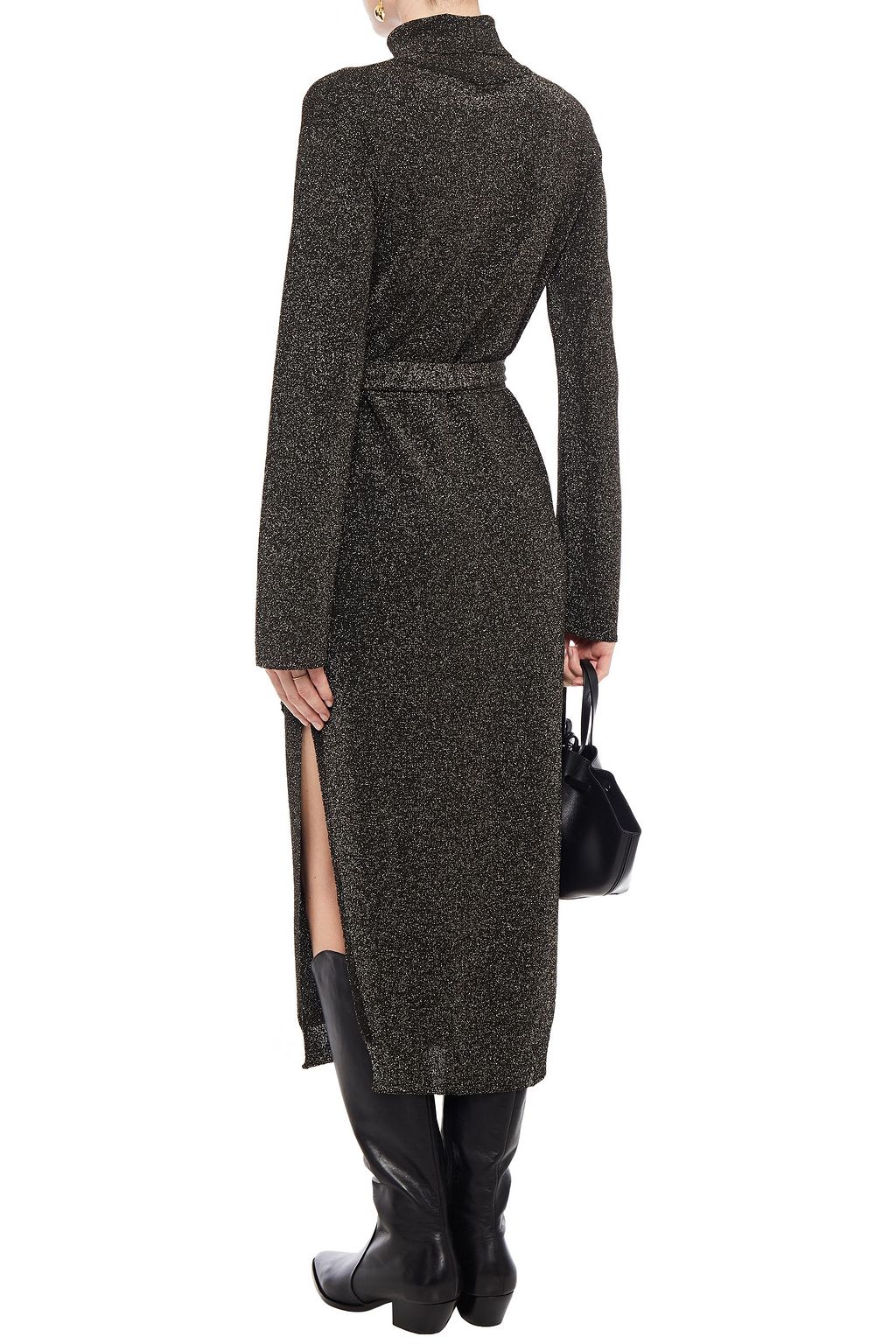 NANUSHKA Belted metallic knitted turtleneck midi dress