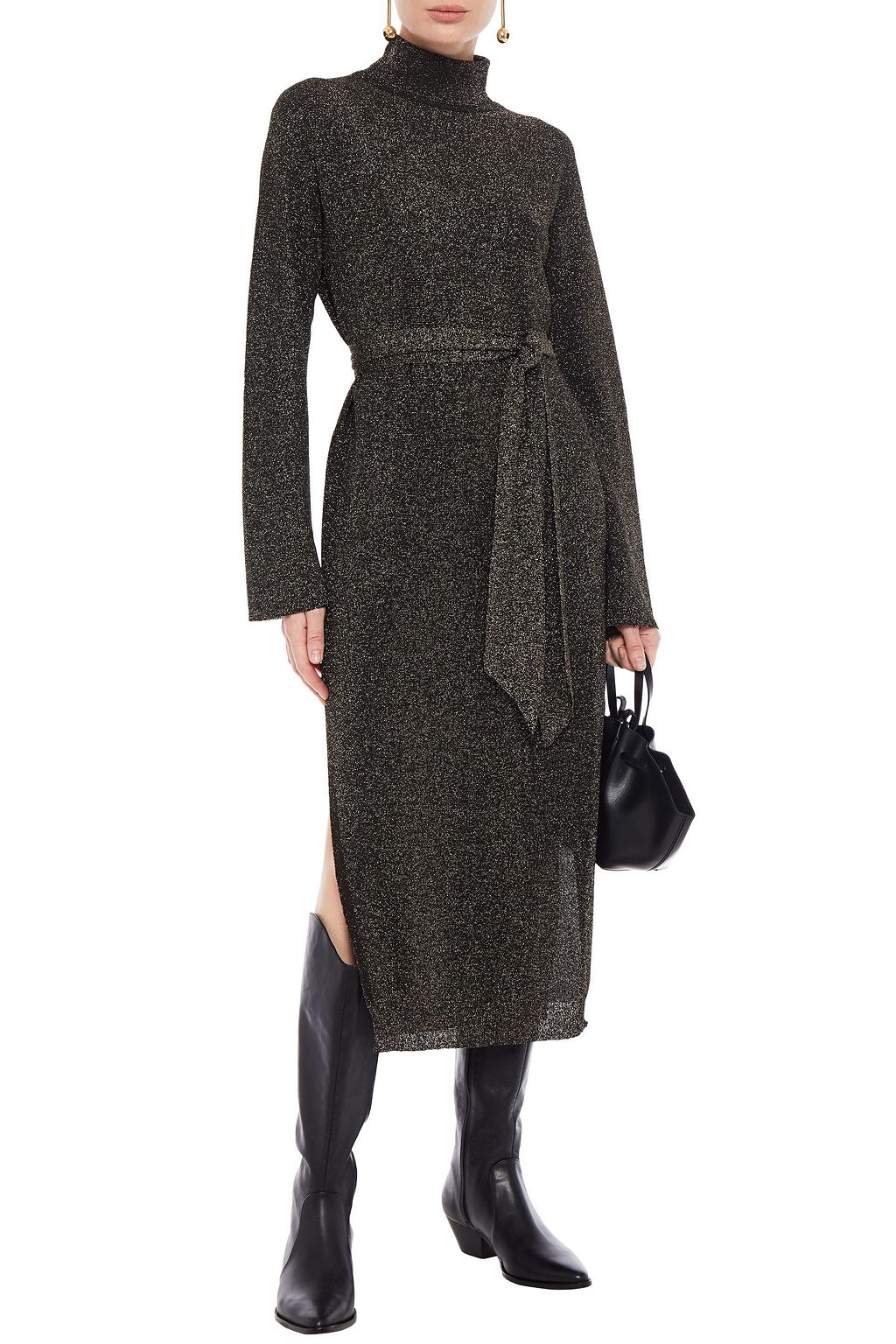 NANUSHKA Belted metallic knitted turtleneck midi dress
