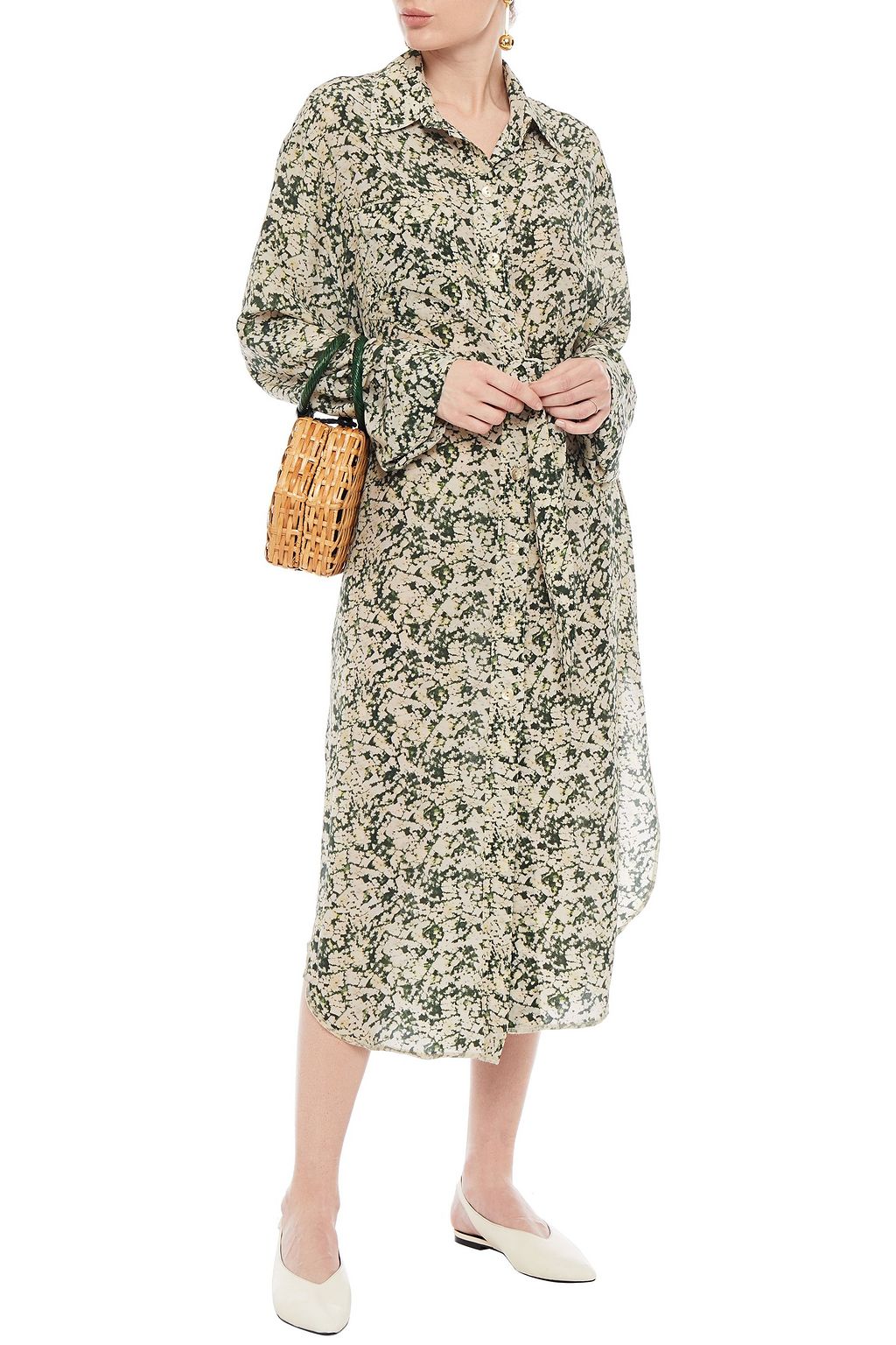 NANUSHKA Mona belted printed silk-crepe midi shirt dress