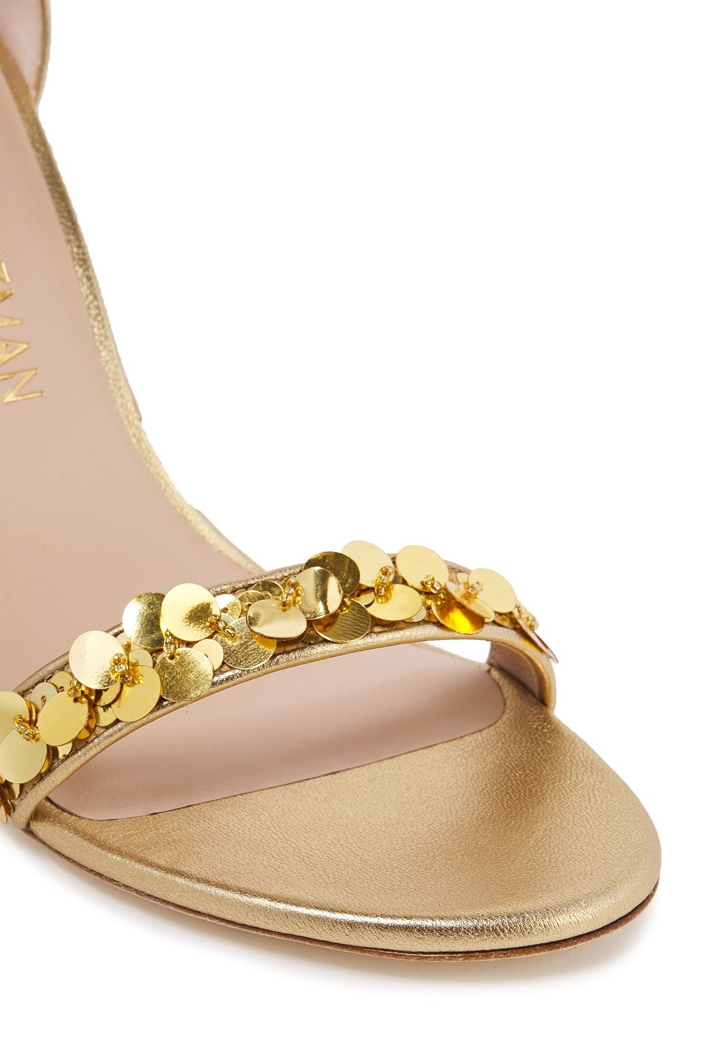 STUART WEITZMAN 装飾付き メタリックシルクサテン&レザー サンダル