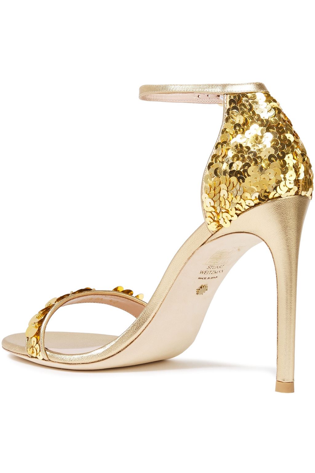 STUART WEITZMAN 装飾付き メタリックシルクサテン&レザー サンダル