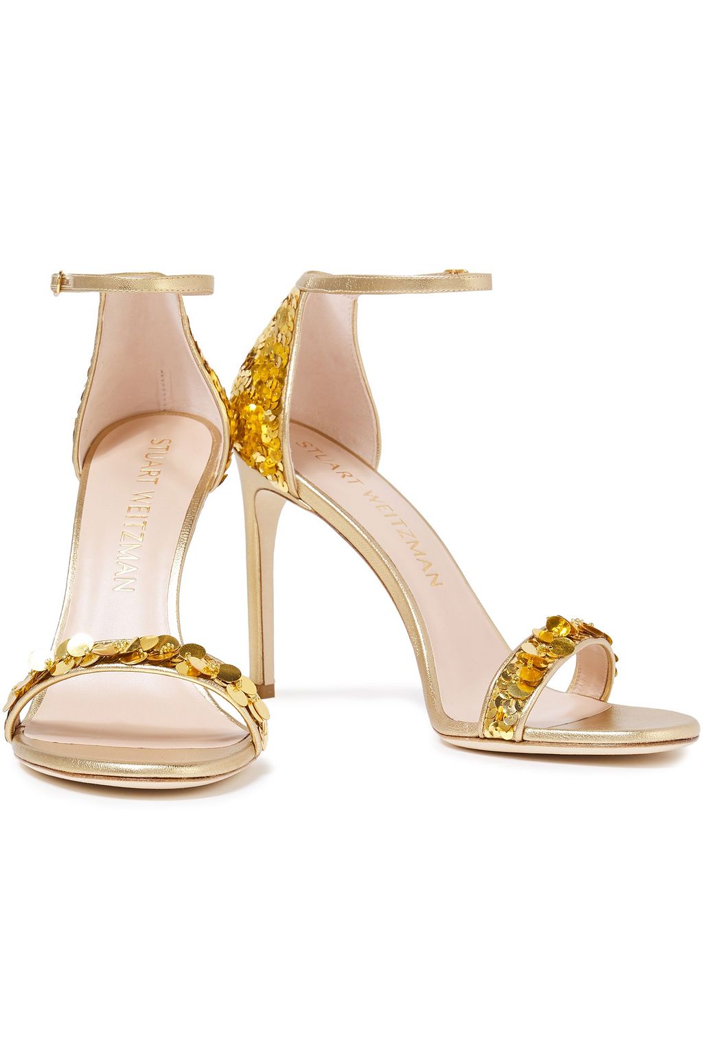 STUART WEITZMAN 装飾付き メタリックシルクサテン&レザー サンダル