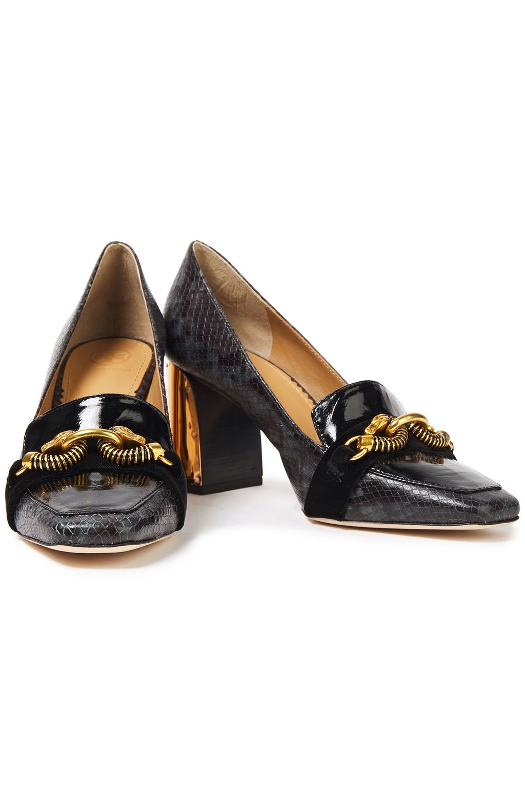 TORY BURCH Jessa 75 embellished snake-effect and patent-leather pumps