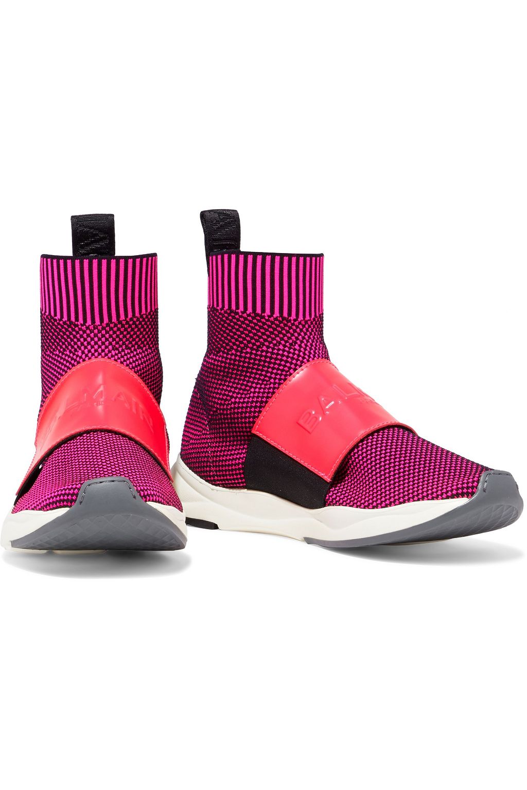 BALMAIN Cameron leather-trimmed jacquard-knit high-top sneakers