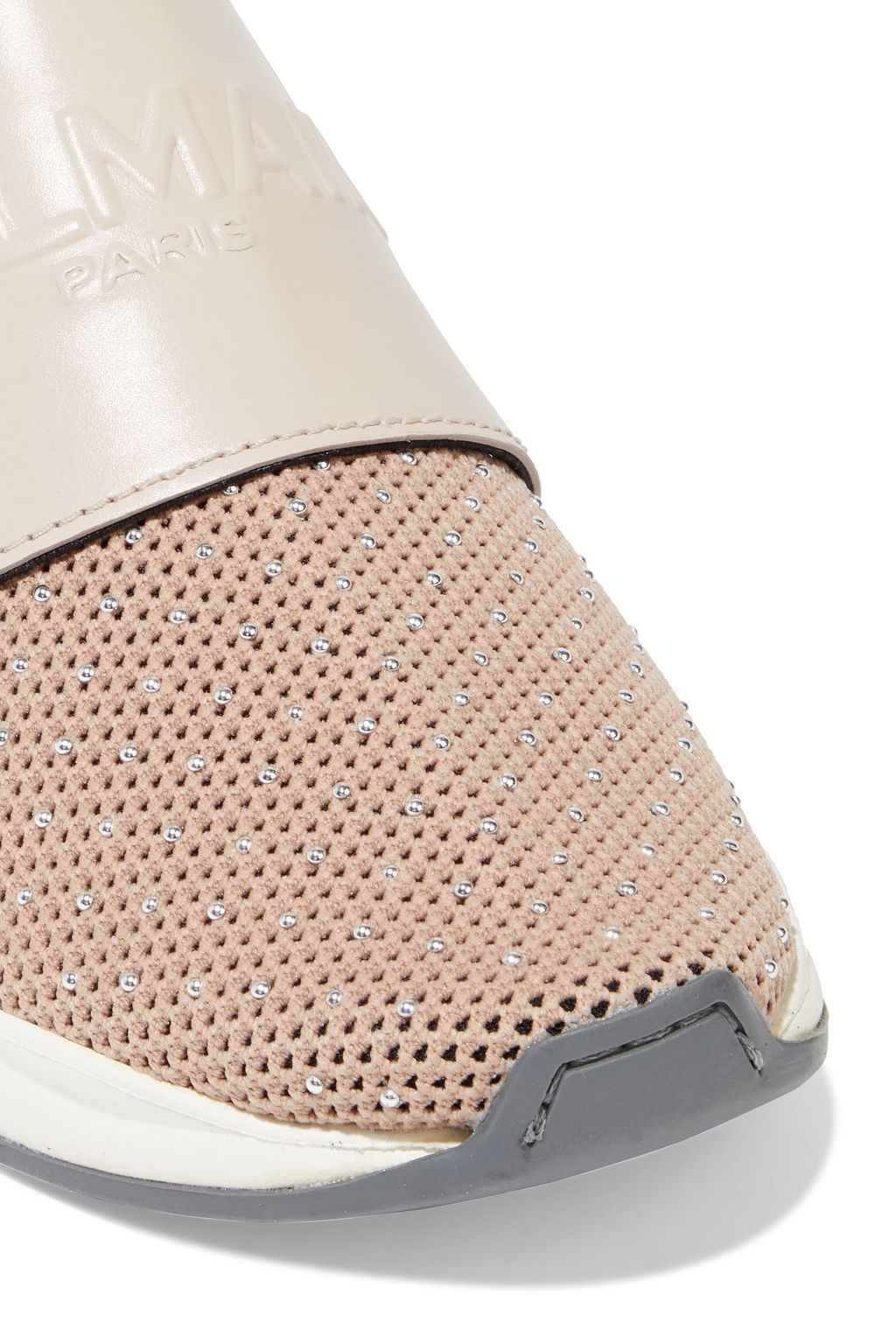 BALMAIN Cameron logo-embossed leather and studded stretch-knit slip-on sneakers