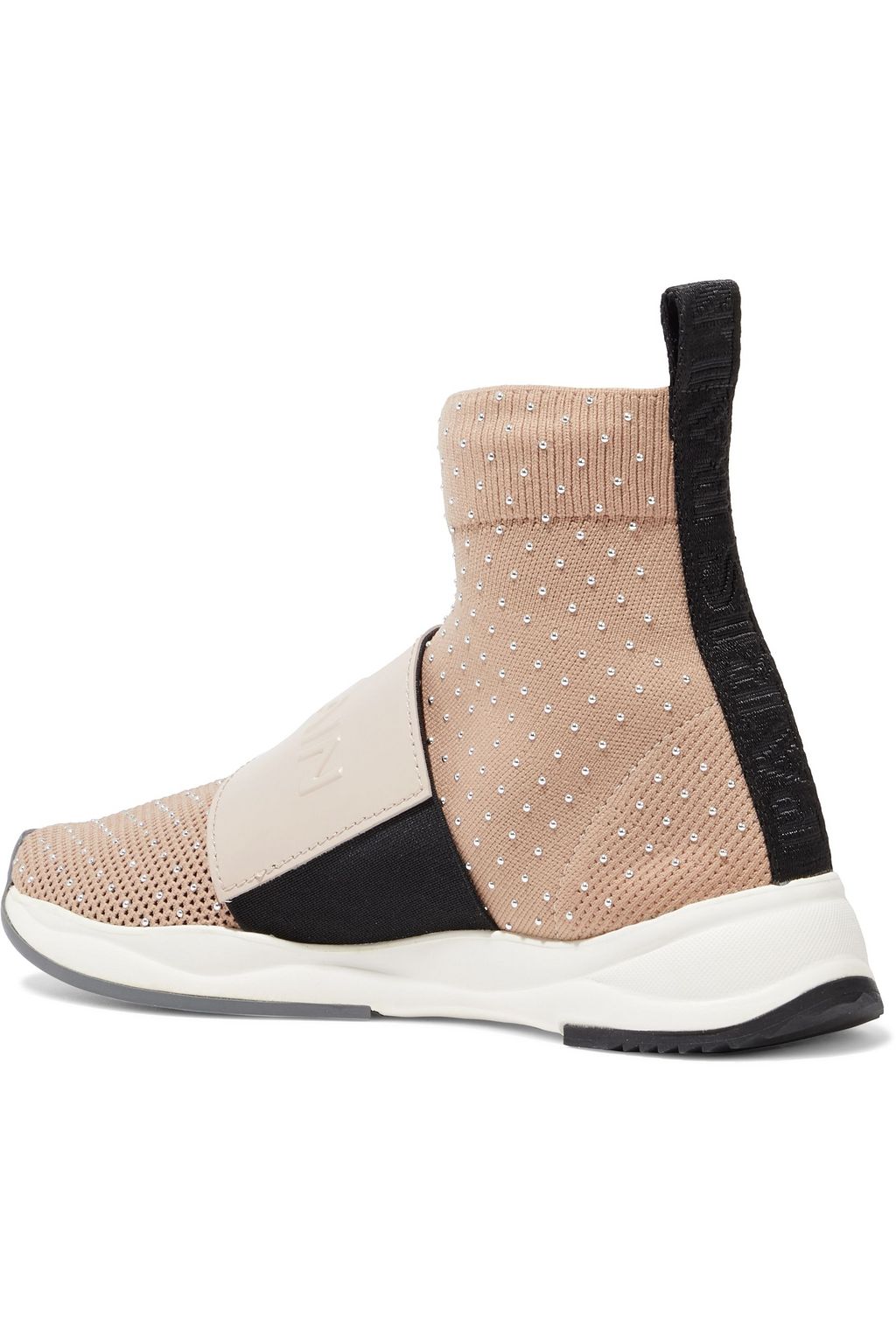 BALMAIN Cameron logo-embossed leather and studded stretch-knit slip-on sneakers