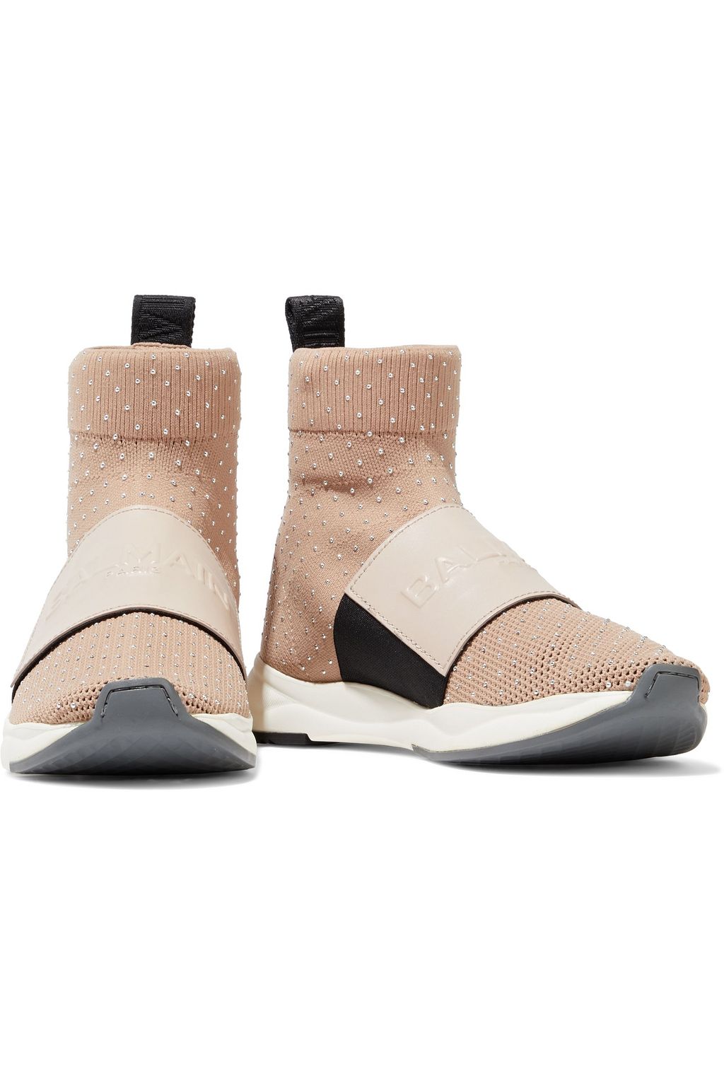 BALMAIN Cameron logo-embossed leather and studded stretch-knit slip-on sneakers