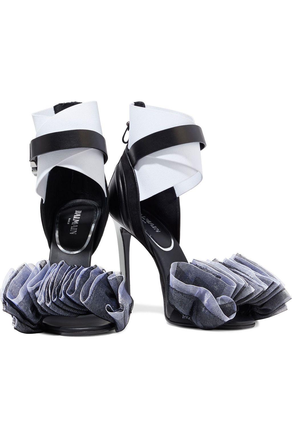 BALMAIN Isuare leather, suede, ruffled tulle and organza sandals