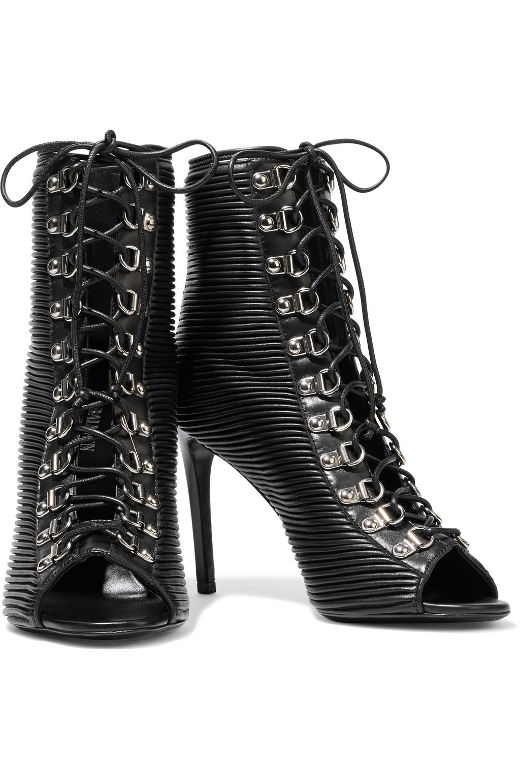 BALMAIN Lace-up pleated leather ankle boots