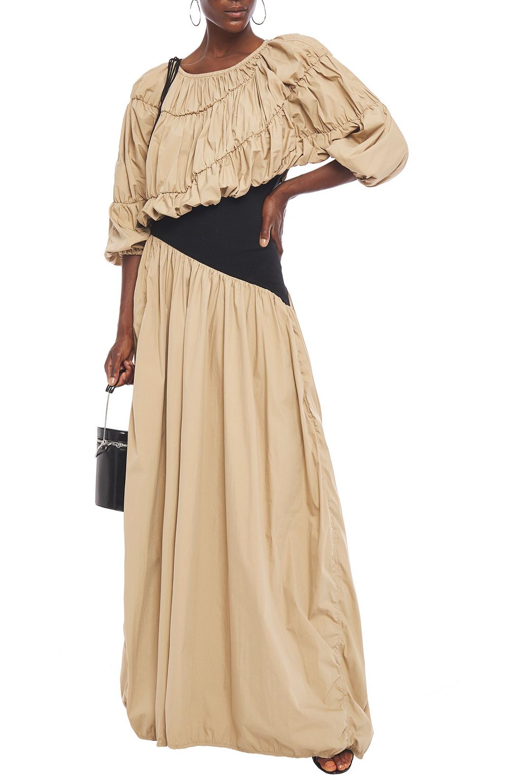 AMBUSH Ribbed knit-paneled shirred cotton-poplin maxi dress