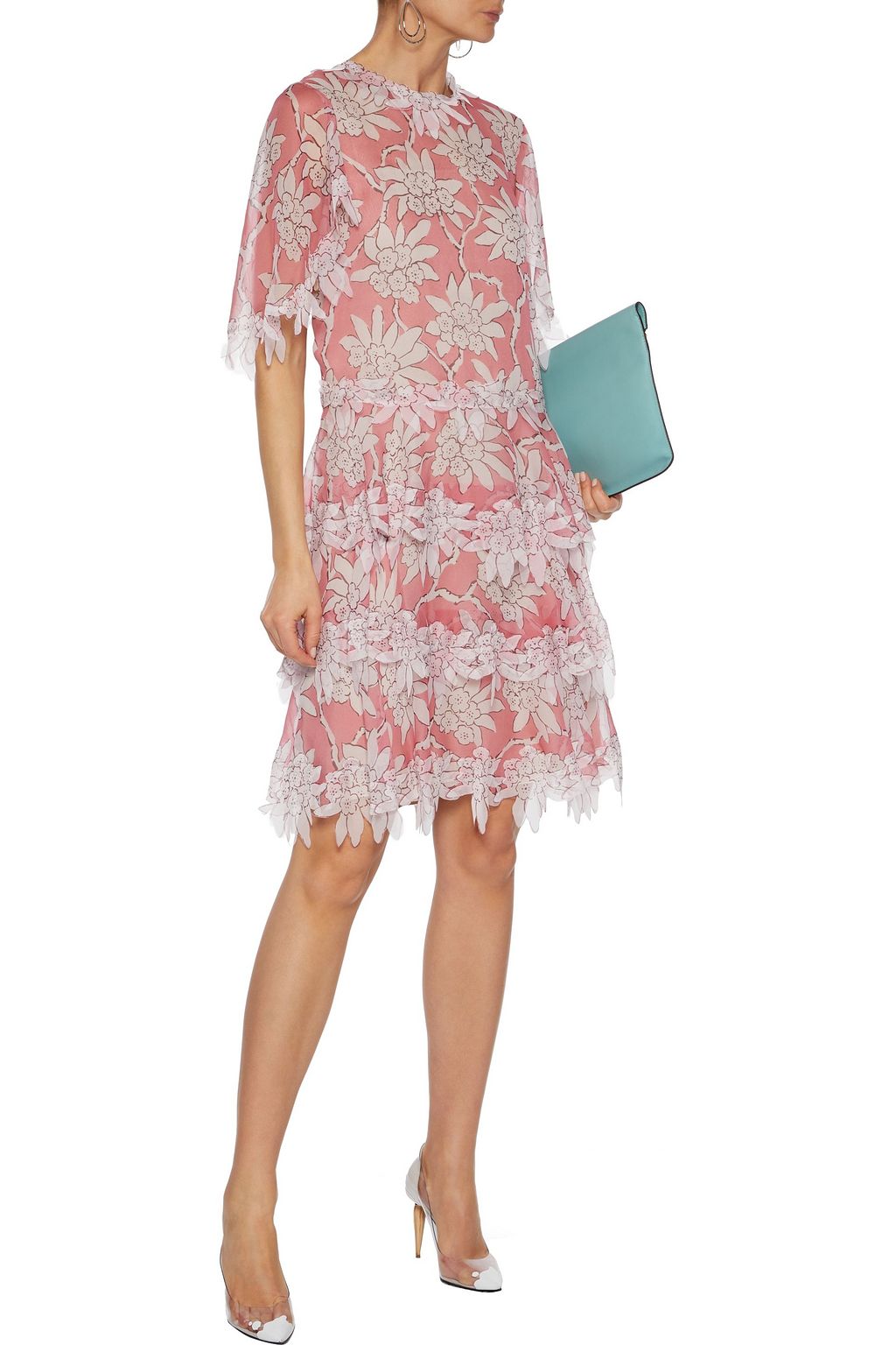 VALENTINO GARAVANI Appliquéd floral-print silk-chiffon dress