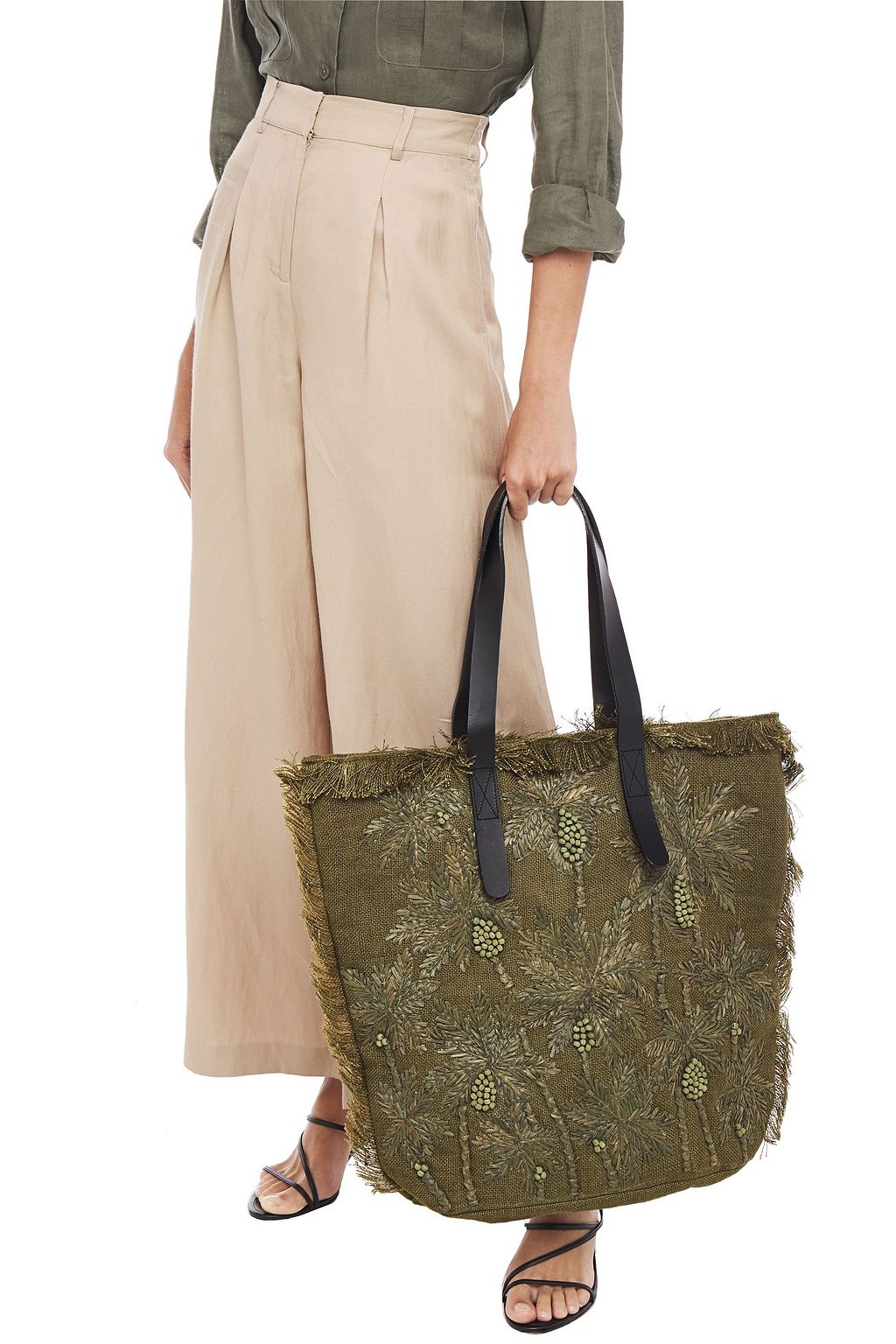 ANTIK BATIK Barry large fringe-trimmed embellished raffia and jute tote