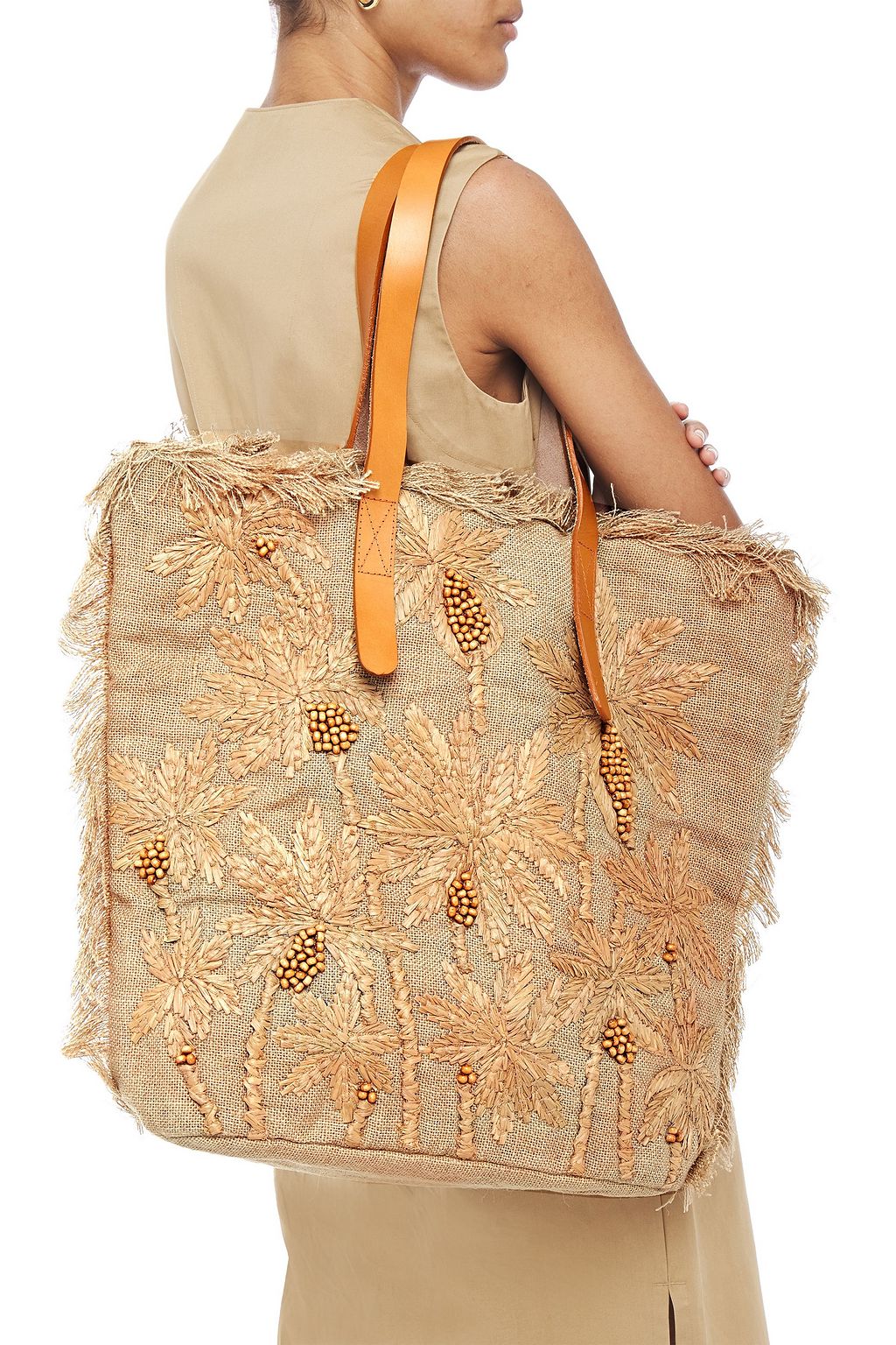 ANTIK BATIK Barry large fringe-trimmed embellished raffia and jute tote