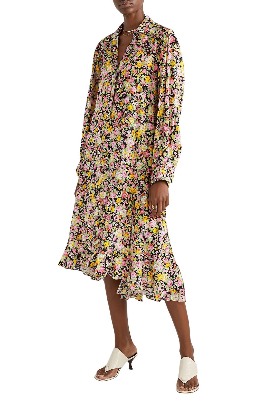LES RÊVERIES Asymmetric floral-print silk-crepe midi dress