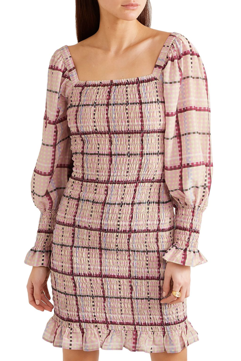GANNI Shirred leopard-print cotton and silk-blend mini dress