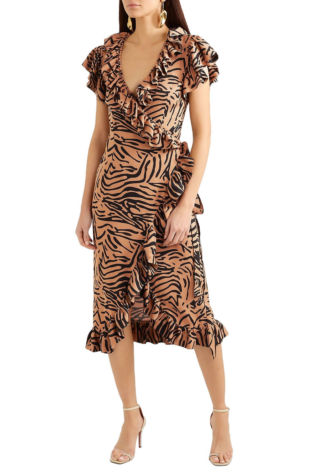 DE LA VALI Cadaques ruffled animal-print crepe de chine wrap dress