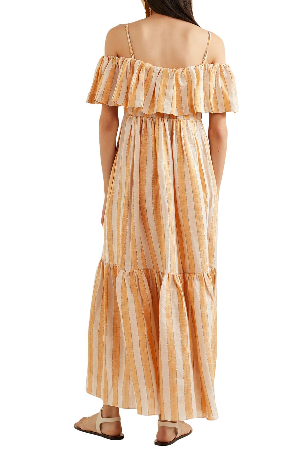 THREE GRACES LONDON Ida cold-shoulder metallic striped linen-blend maxi dress