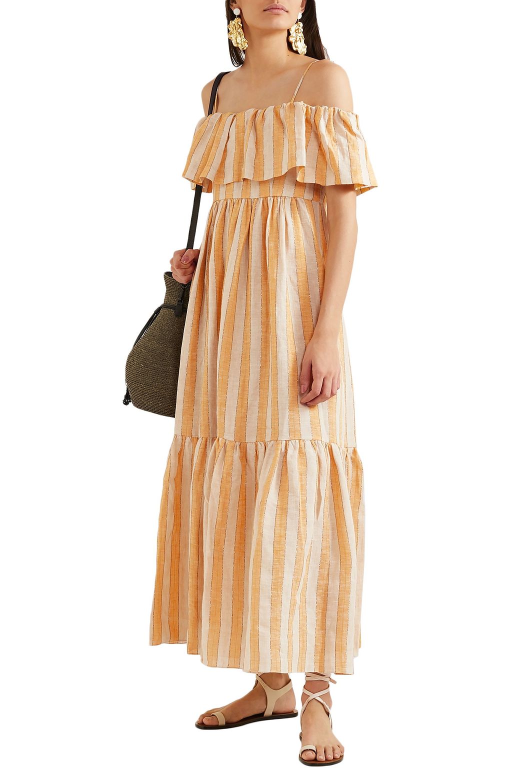 THREE GRACES LONDON Ida cold-shoulder metallic striped linen-blend maxi dress