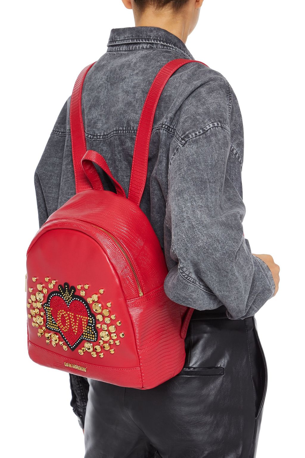 LOVE MOSCHINO Embellished smooth and lizard-effect faux leather backpack