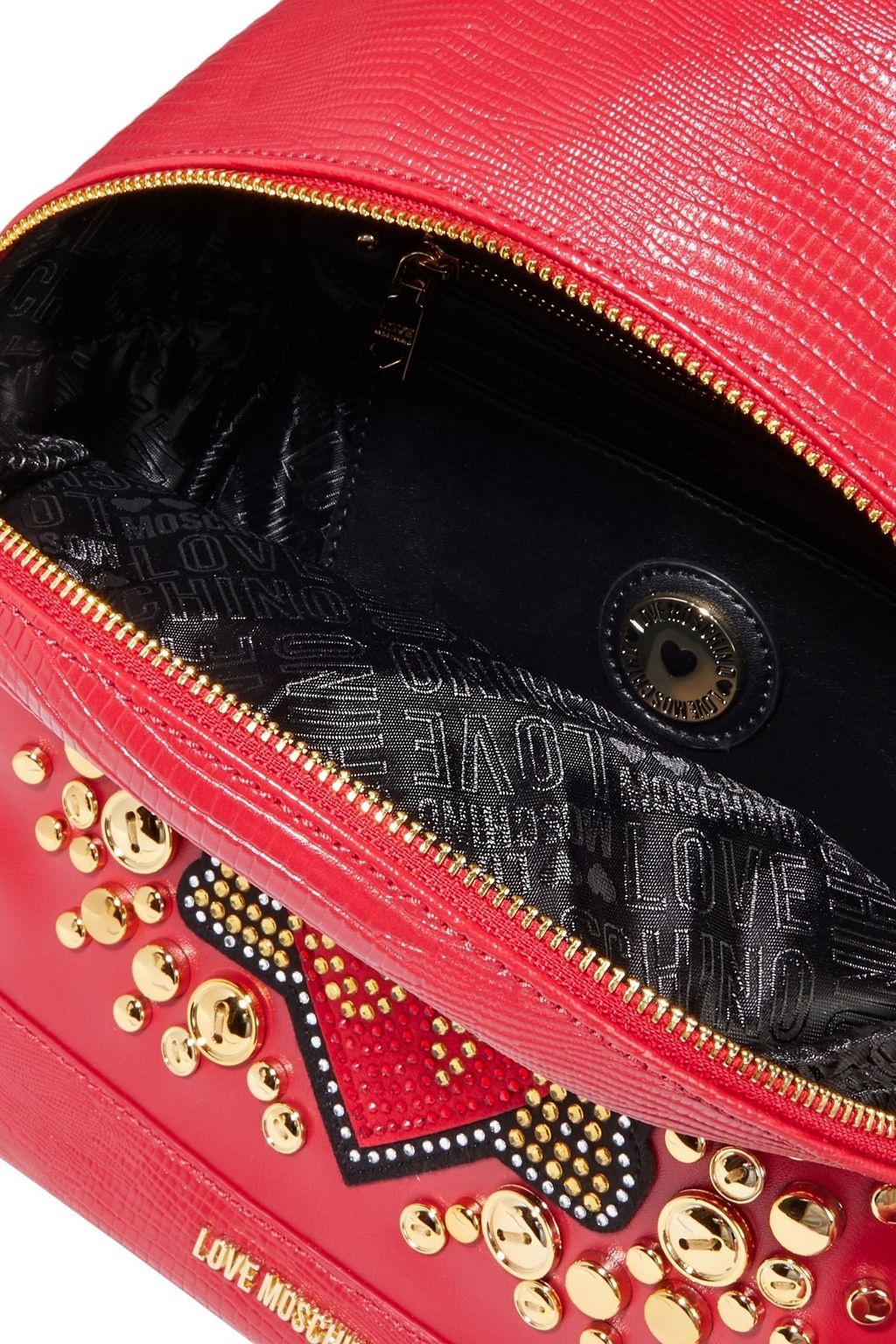 LOVE MOSCHINO Embellished smooth and lizard-effect faux leather backpack