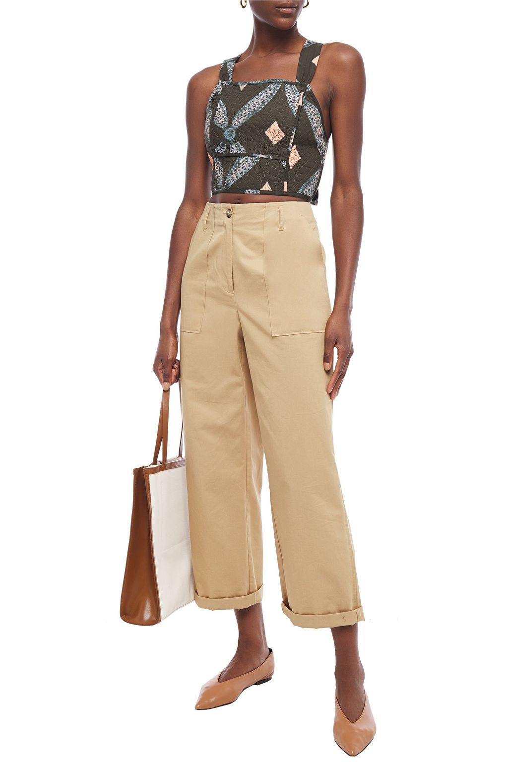 ULLA JOHNSON Cropped tie-back embroidered printed quilted cotton top