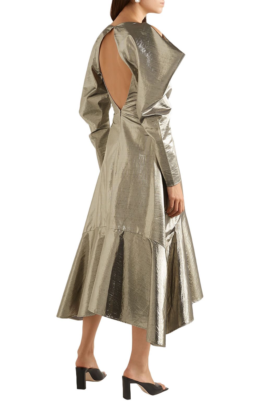 REJINA PYO Camille gerafftes Midikleid aus Lamé mit Cut-outs