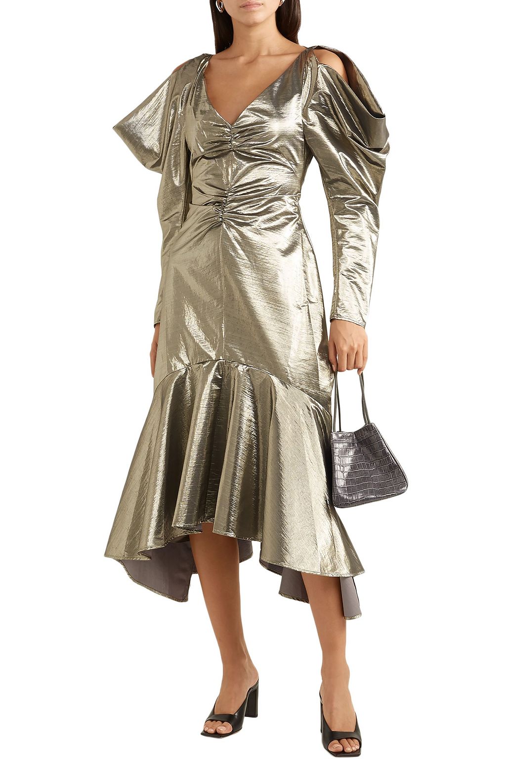 REJINA PYO Camille gerafftes Midikleid aus Lamé mit Cut-outs