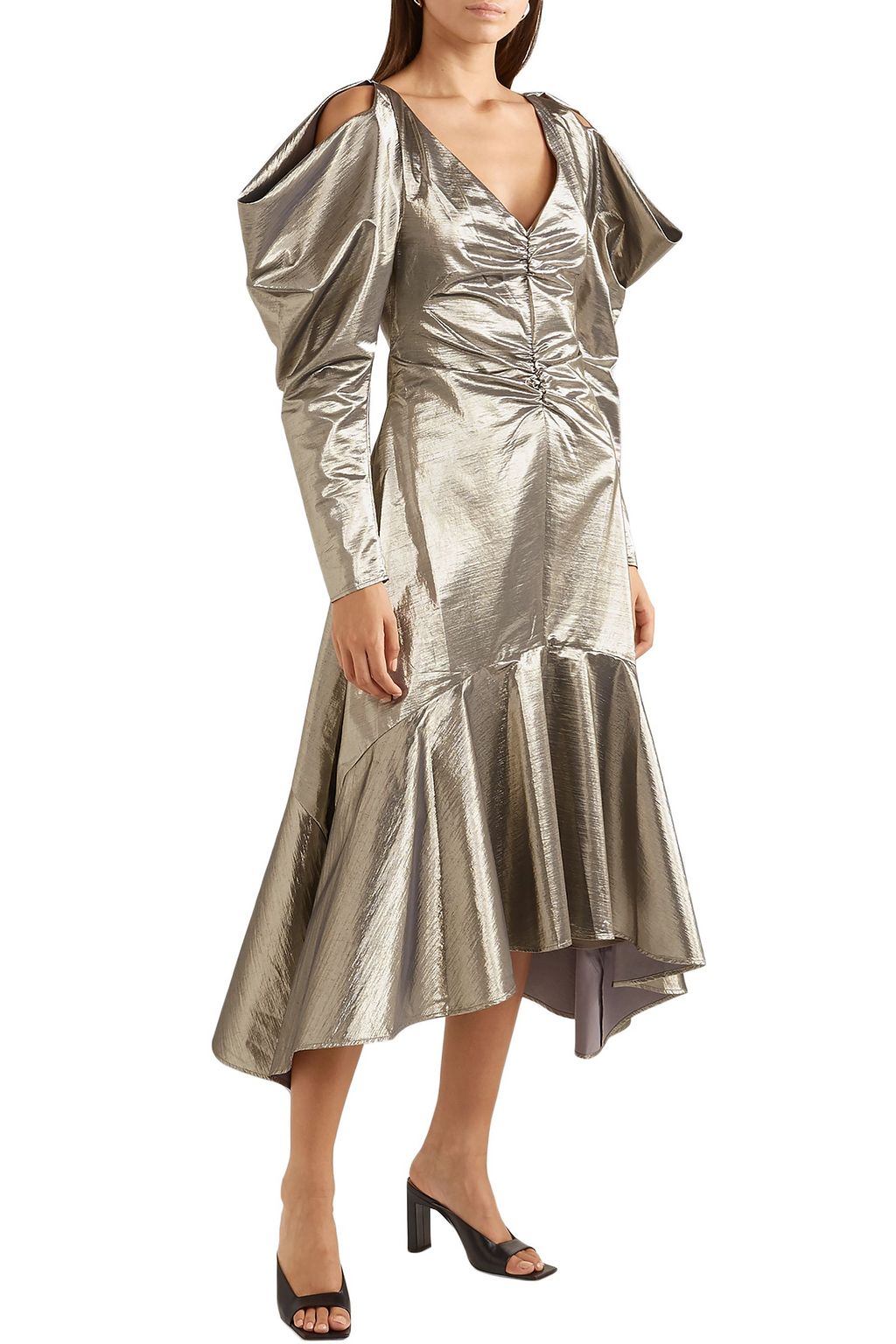 REJINA PYO Camille gerafftes Midikleid aus Lamé mit Cut-outs