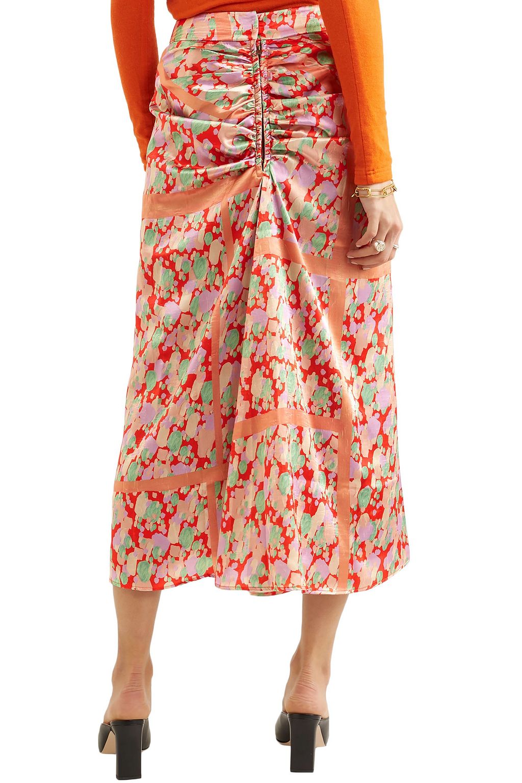 REJINA PYO Mina ruched printed satin midi skirt