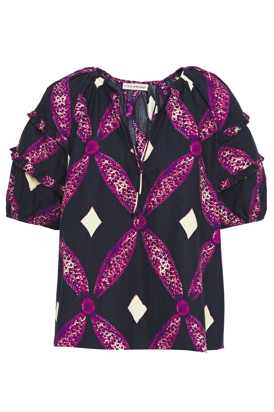 Ulla Johnson Woman Arusi Ruffle-trimmed Printed Cotton-poplin Top Midnight Blue Size 4