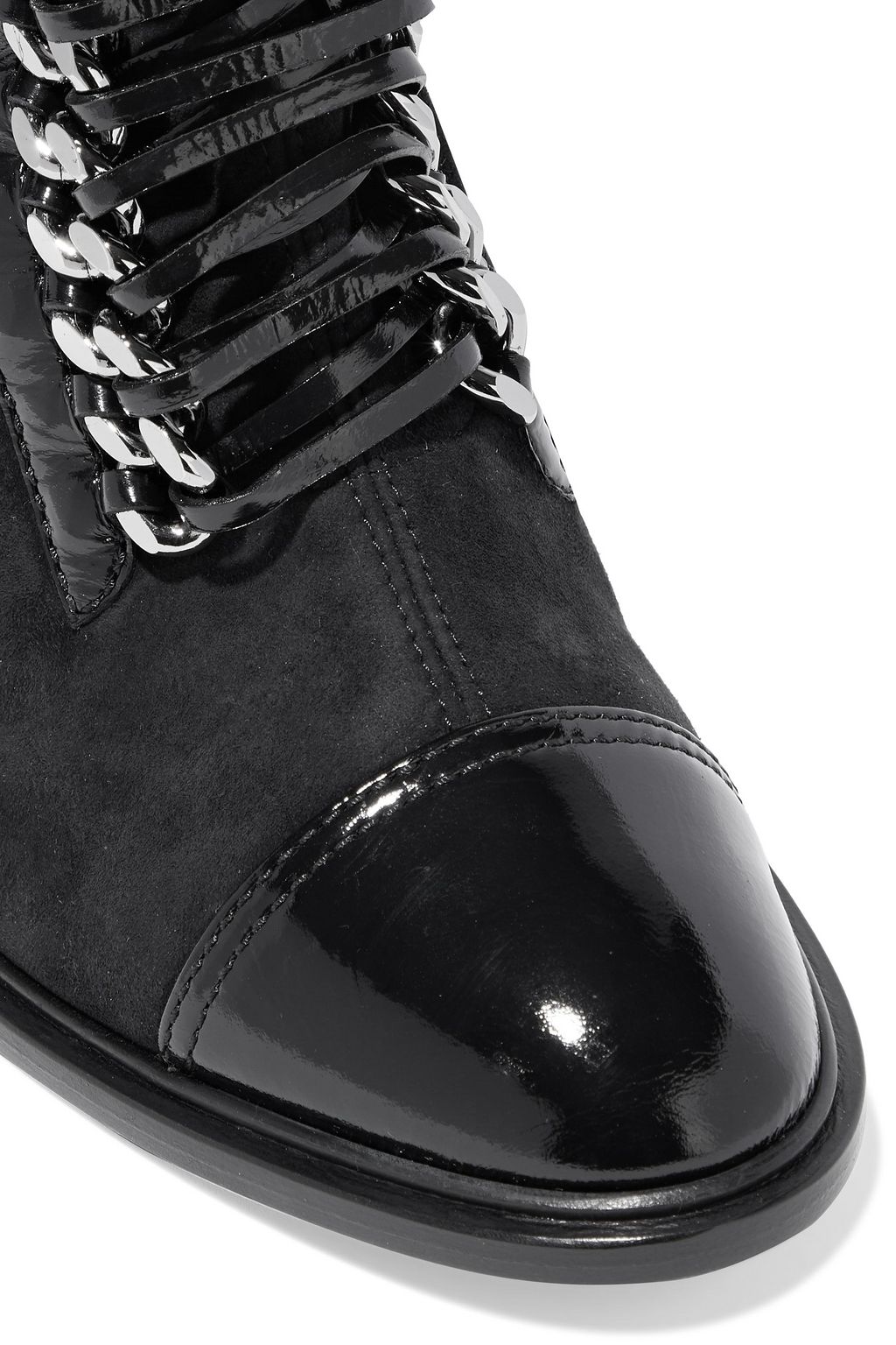 CASADEI Chain-trimmed lace-up suede and patent-leather ankle boots