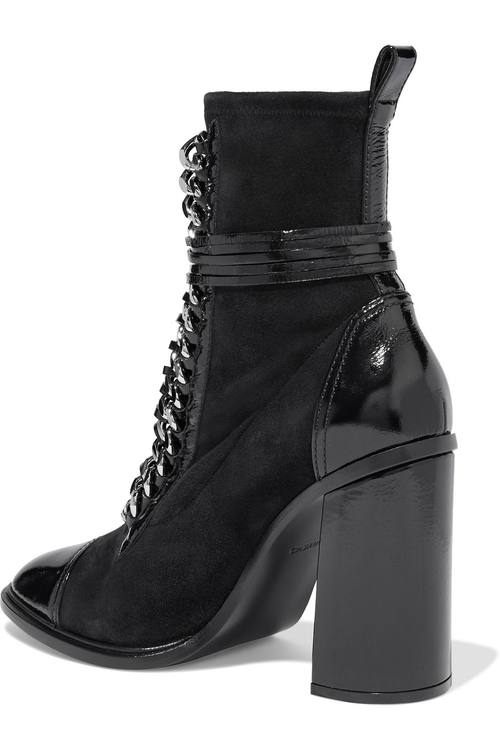CASADEI Chain-trimmed lace-up suede and patent-leather ankle boots