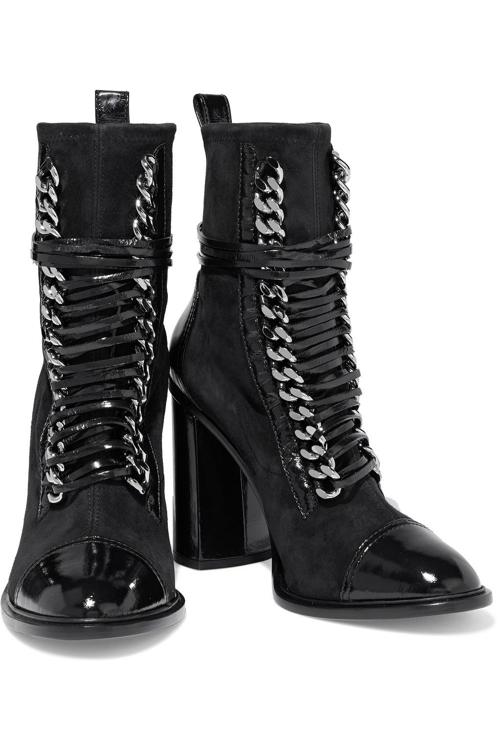 CASADEI Chain-trimmed lace-up suede and patent-leather ankle boots