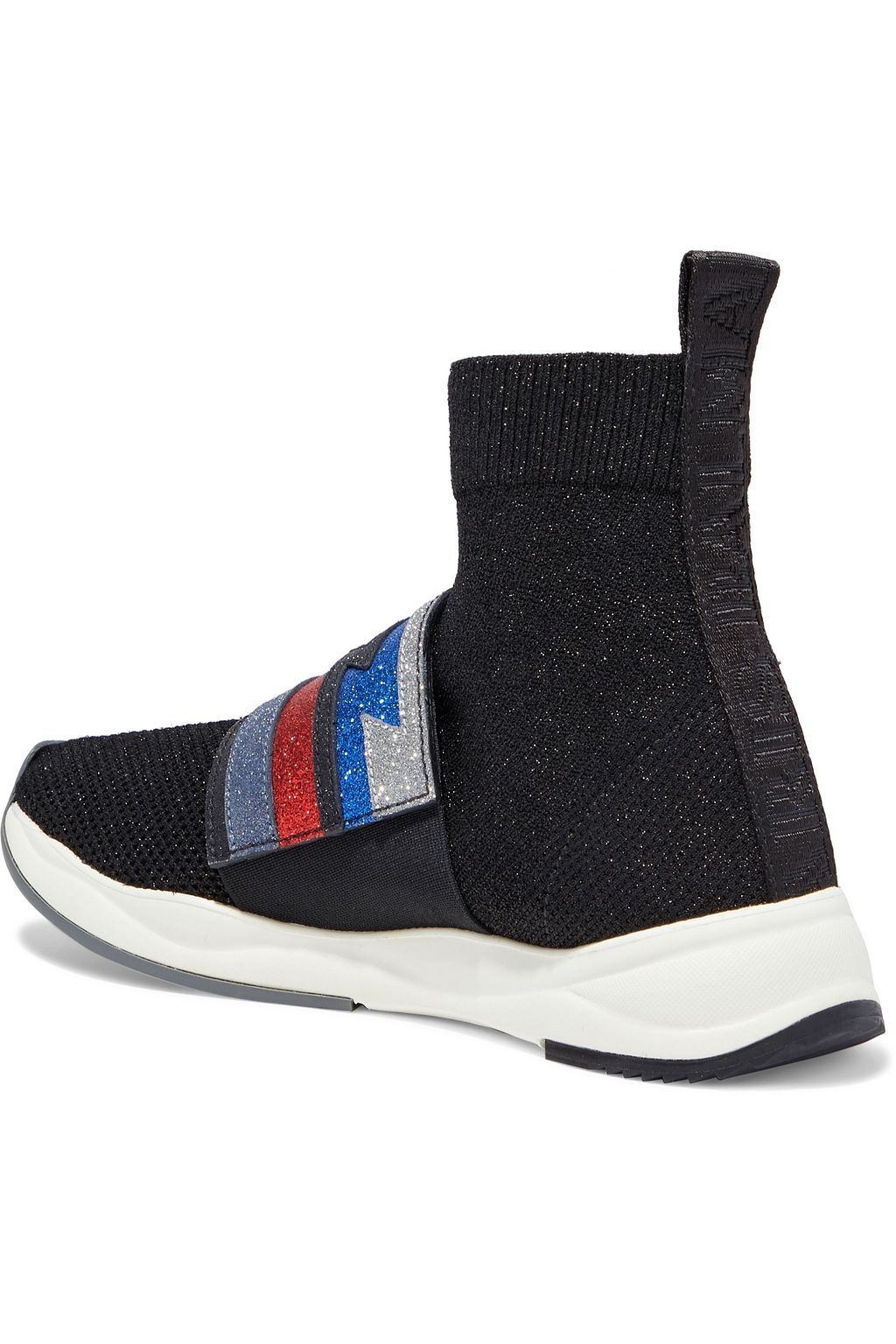BALMAIN Cameron metallic stretch-knit and glittered suede high-top sneakers