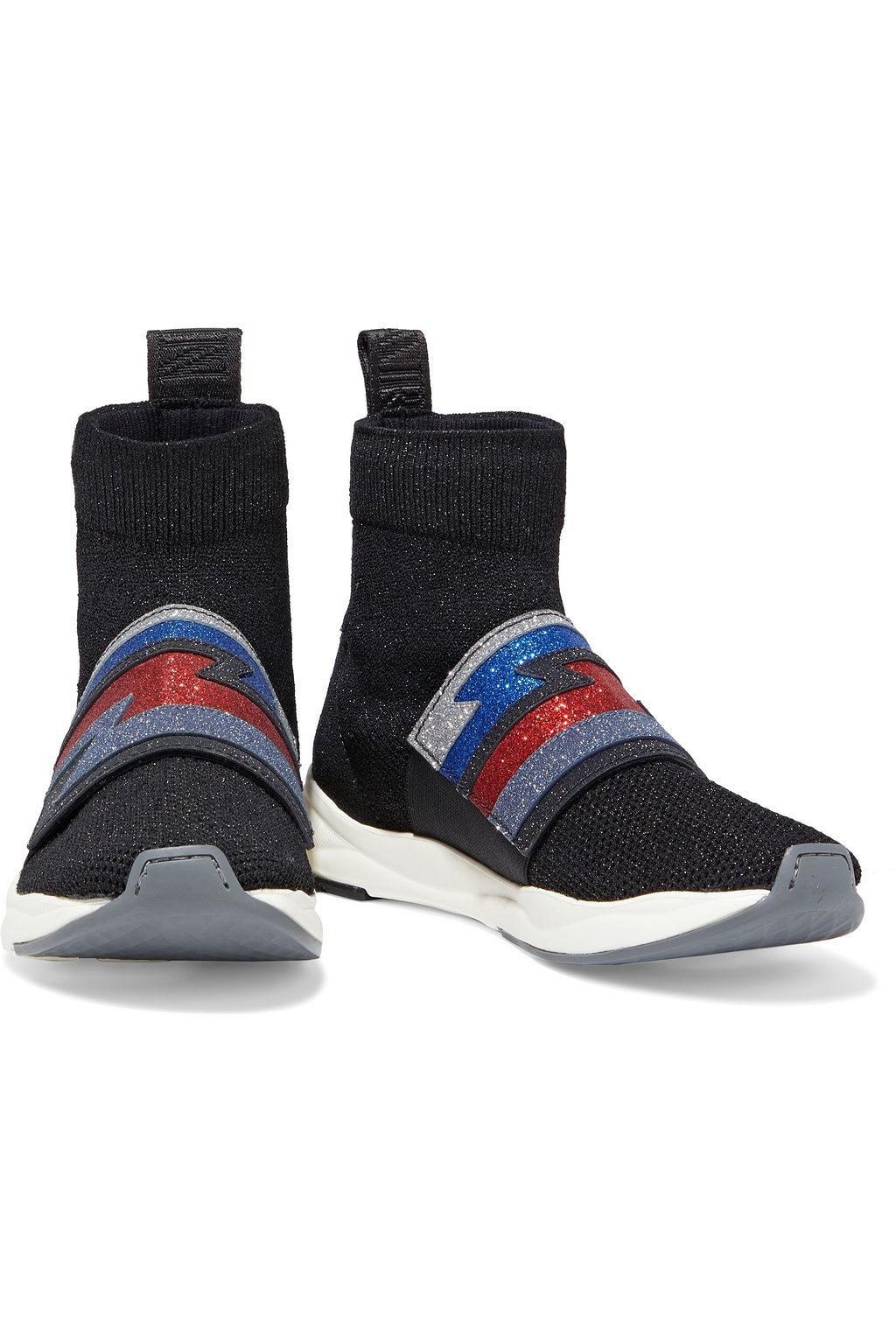 BALMAIN Cameron metallic stretch-knit and glittered suede high-top sneakers