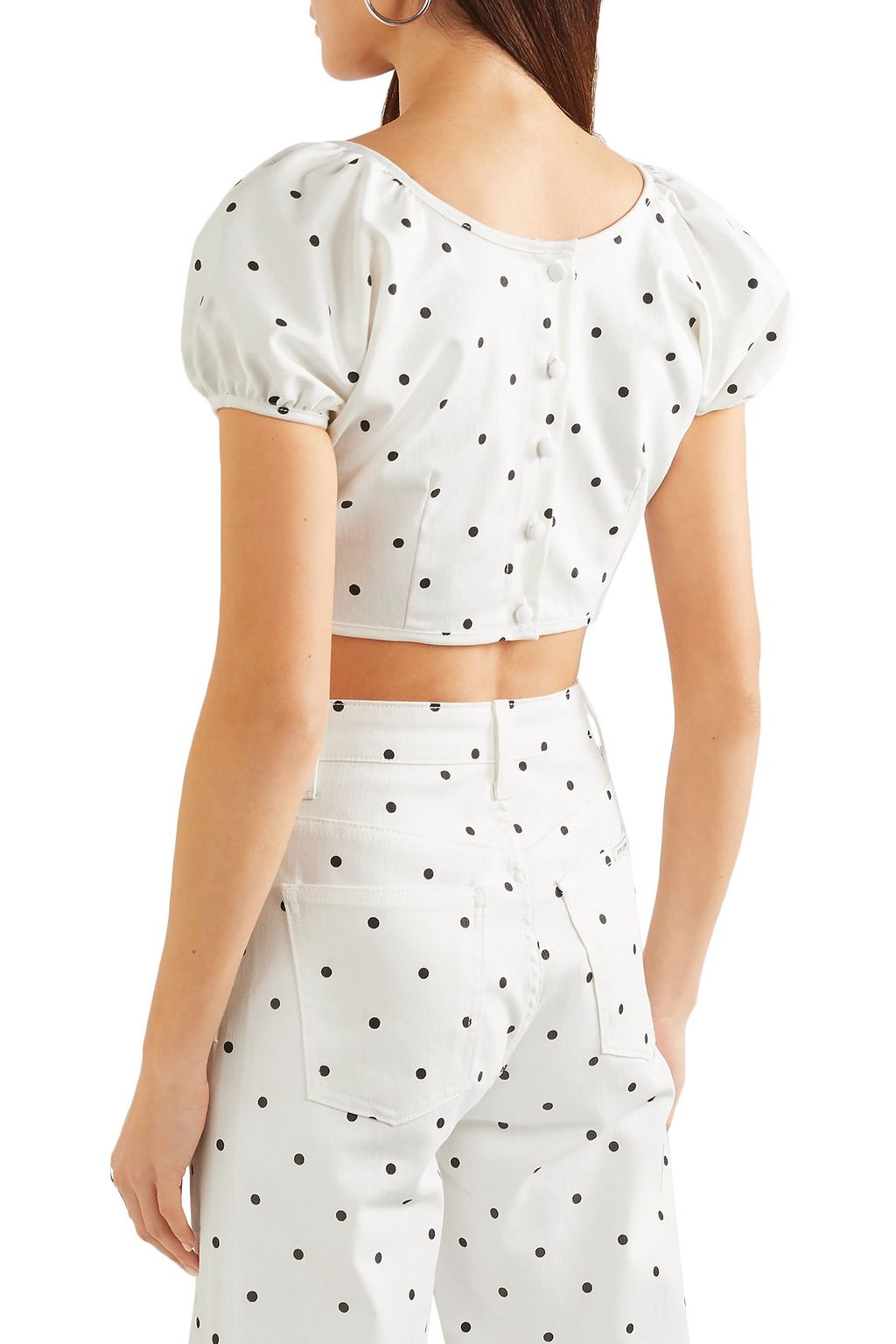 EVE DENIM Georgette cropped polka-dot cotton-blend twill top