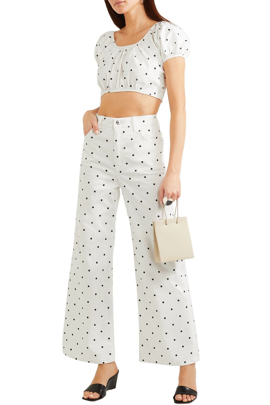 EVE DENIM Georgette cropped polka-dot cotton-blend twill top