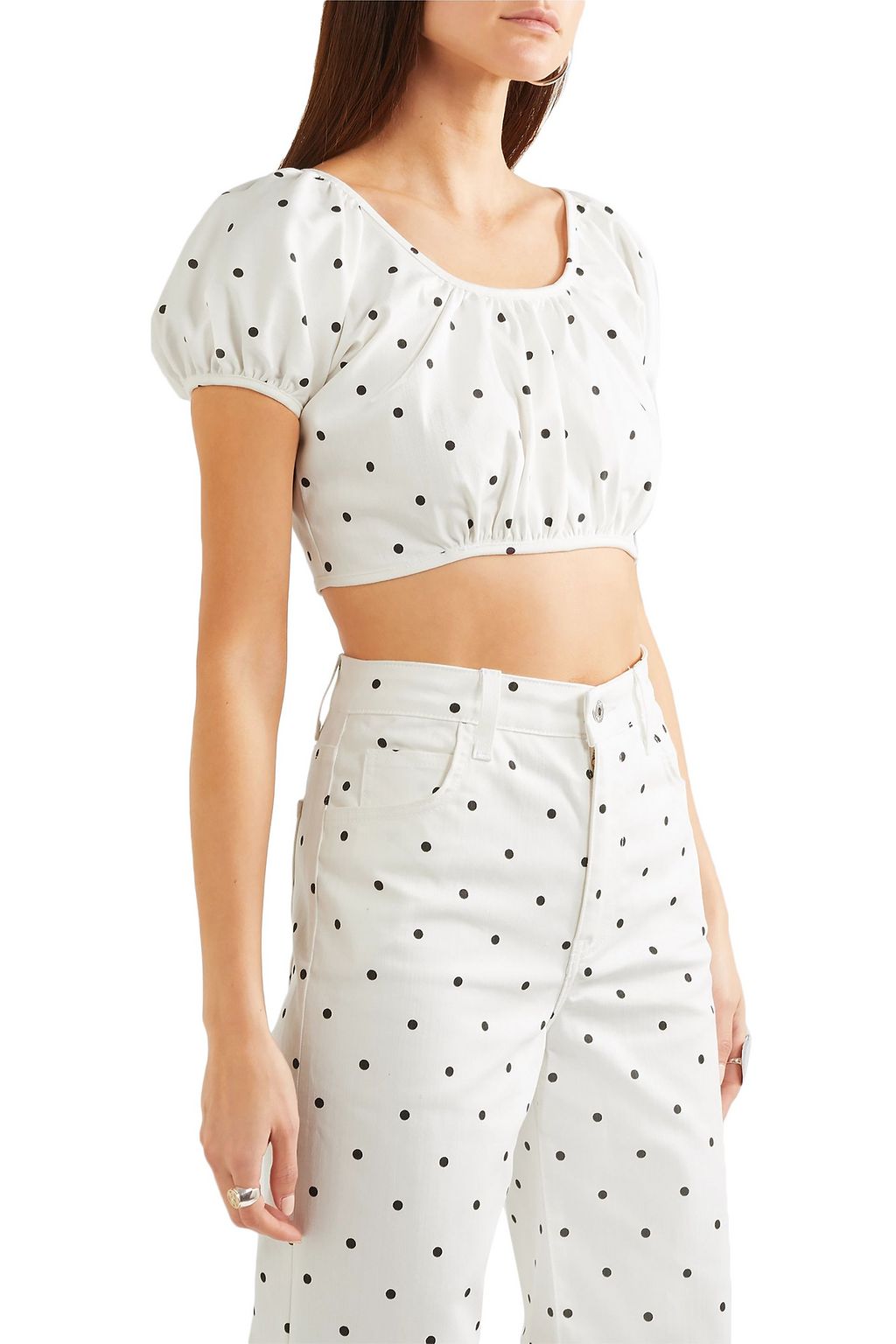 EVE DENIM Georgette cropped polka-dot cotton-blend twill top