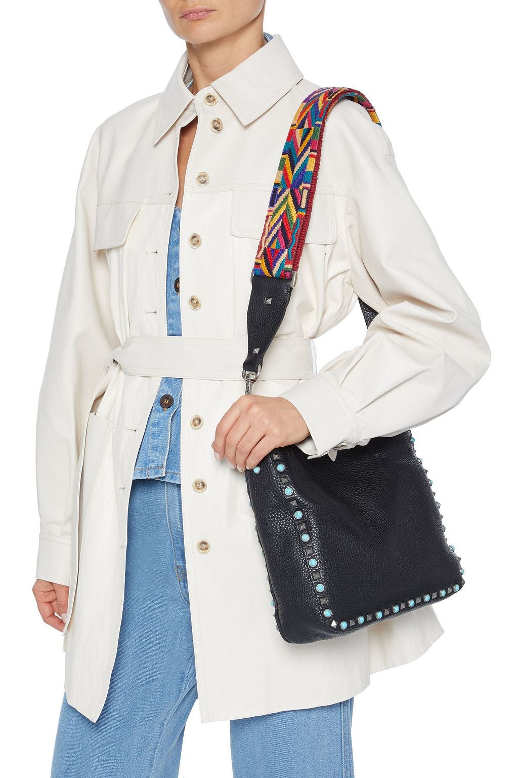 VALENTINO GARAVANI Rolling Rockstud embellished pebbled-leather shoulder bag