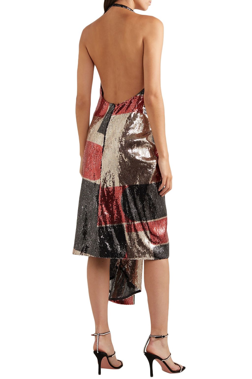 HALPERN Draped sequined tulle halterneck midi dress