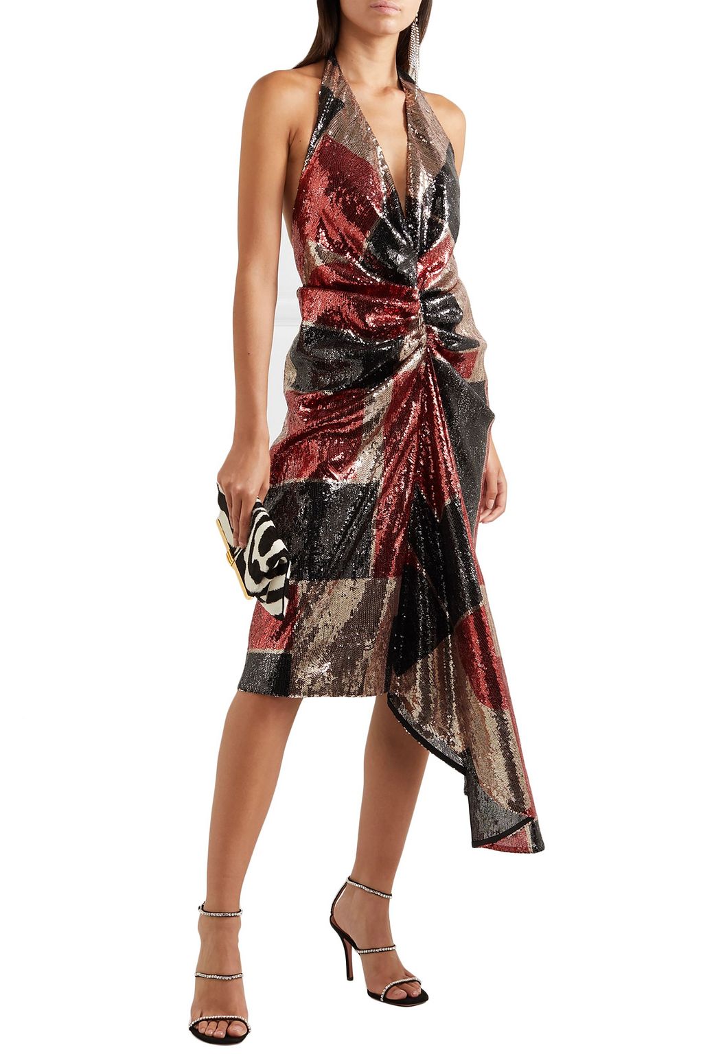 HALPERN Draped sequined tulle halterneck midi dress