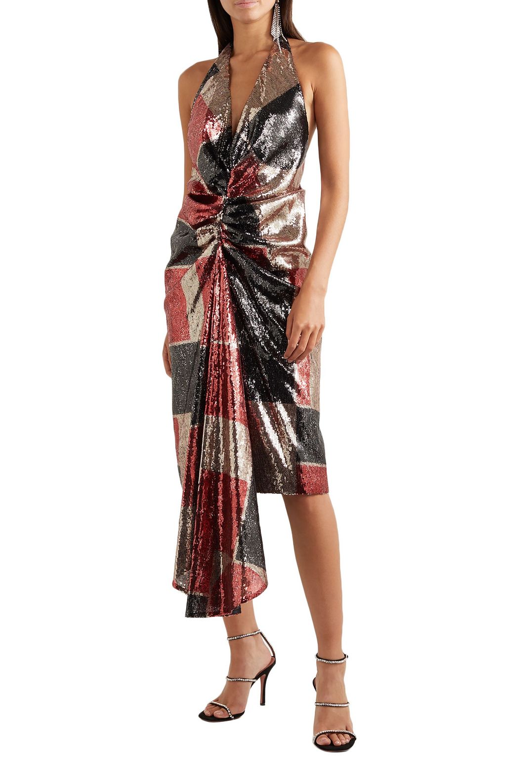 HALPERN Draped sequined tulle halterneck midi dress