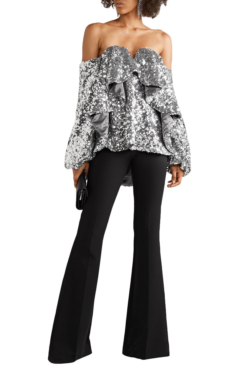 HALPERN Off-the-shoulder ruffled sequined tulle top