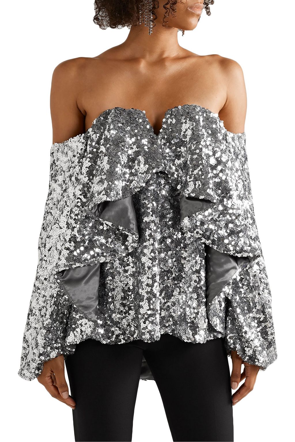 HALPERN Off-the-shoulder ruffled sequined tulle top