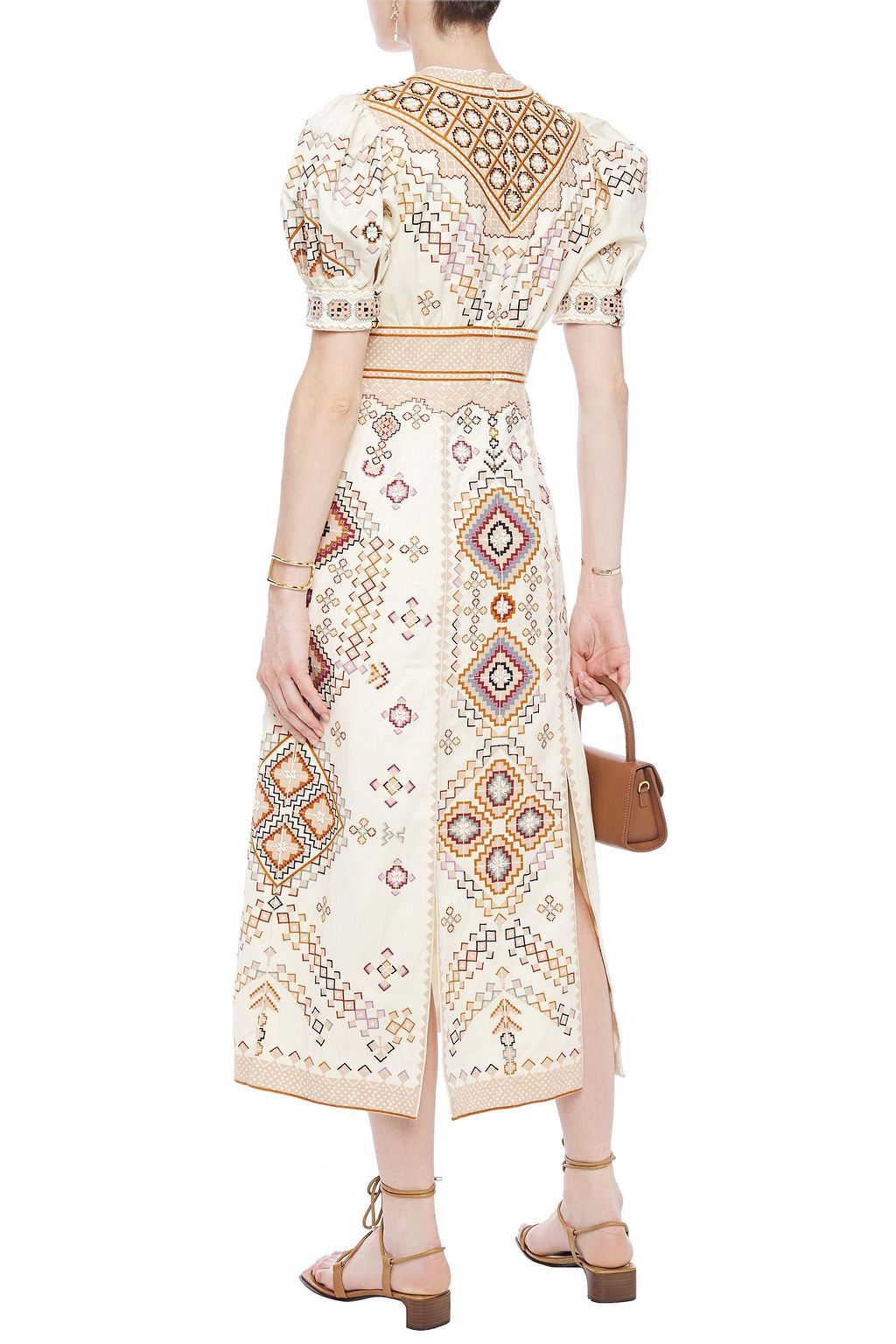 Cream Embellished embroidered cotton and linen-blend twill midi dress ...