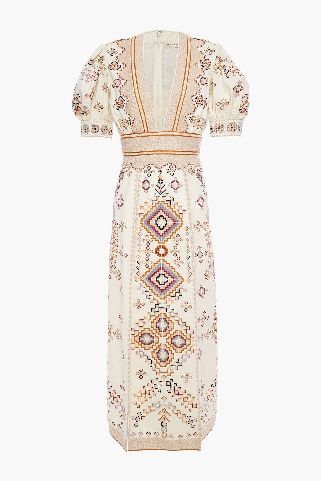 ULLA JOHNSON Embellished embroidered cotton and linen-blend twill midi ...