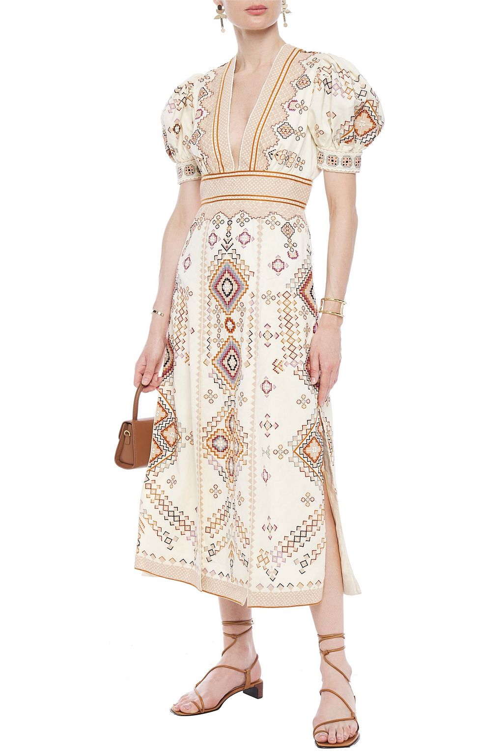 ULLA JOHNSON Embellished embroidered cotton and linen-blend twill midi dress